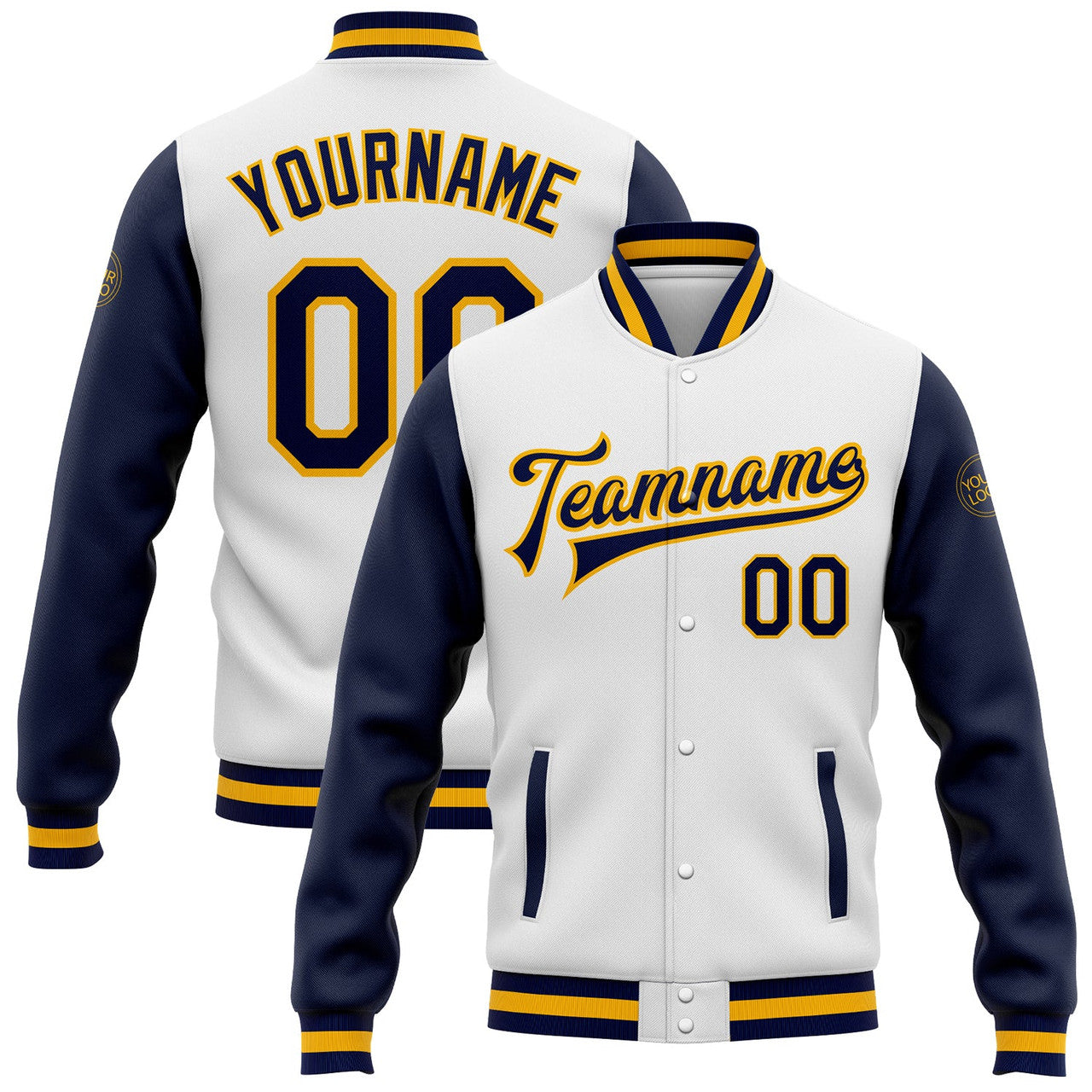 FUNSTUFFPRINT Custom White Navy-Gold Bomber Full-Snap Varsity Letterman Two Tone Jacket 3D Baseball Jacket