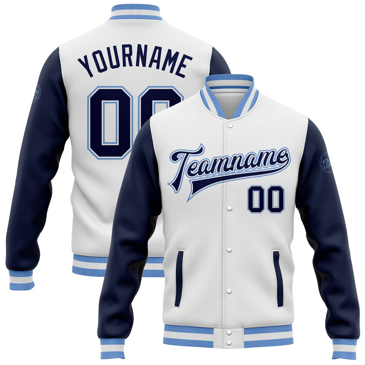 FUNSTUFFPRINT Custom White Navy-Light Blue Bomber Full-Snap Varsity Letterman Two Tone Jacket 3D Baseball Jacket