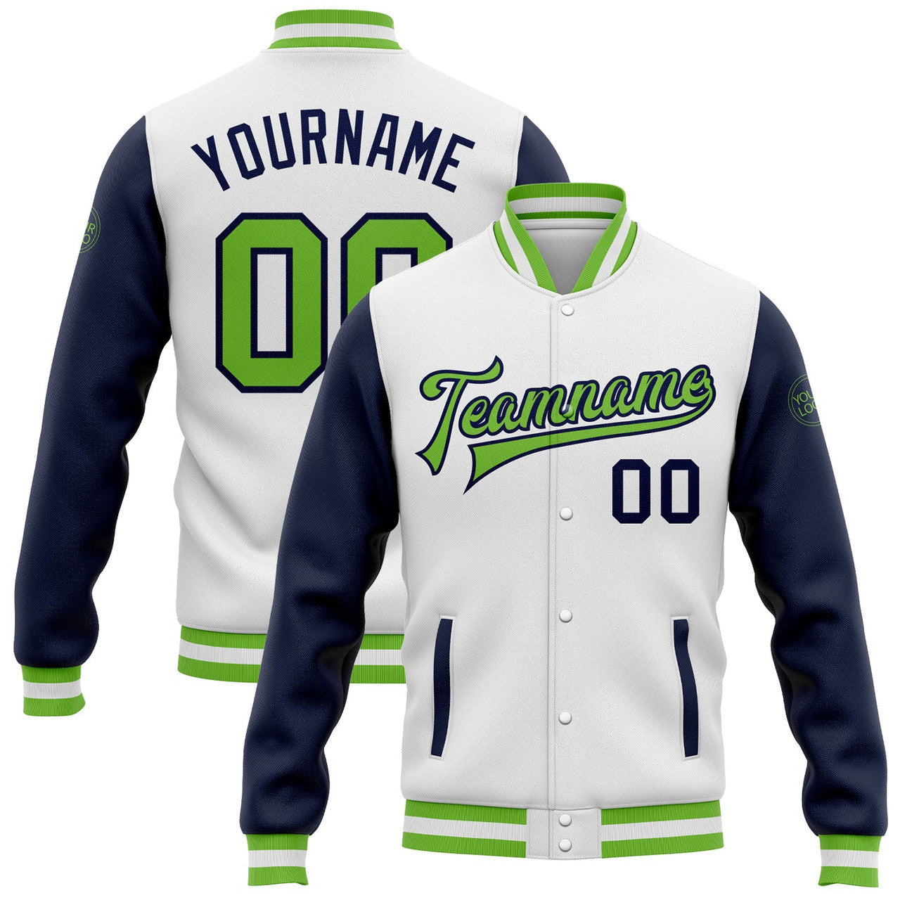 FUNSTUFFPRINT Custom White Neon Green-Navy Bomber Full-Snap Varsity Letterman Two Tone Jacket 3D Baseball Jacket