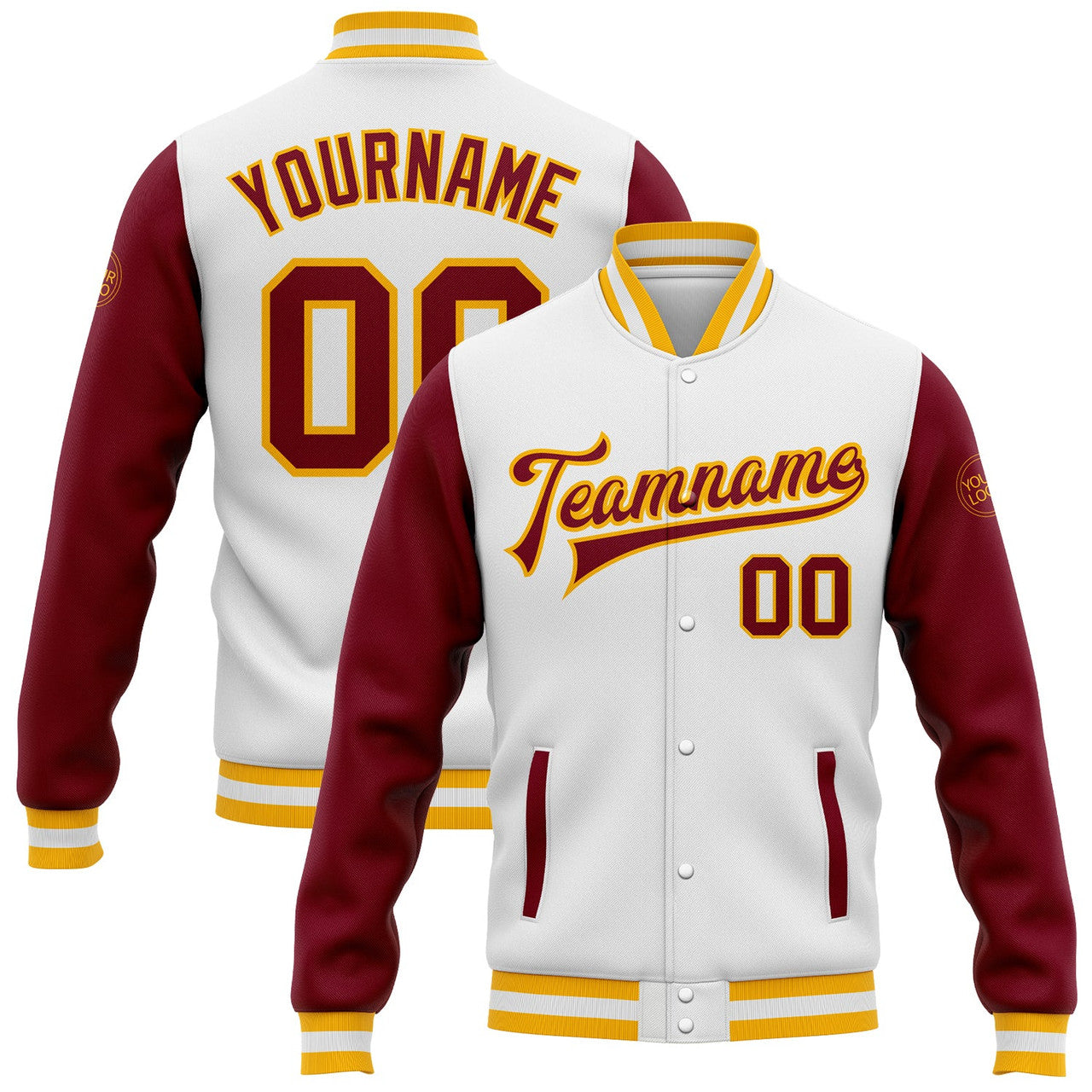FUNSTUFFPRINT Custom White Crimson-Gold Bomber Full-Snap Varsity Letterman Two Tone Jacket 3D Baseball Jacket