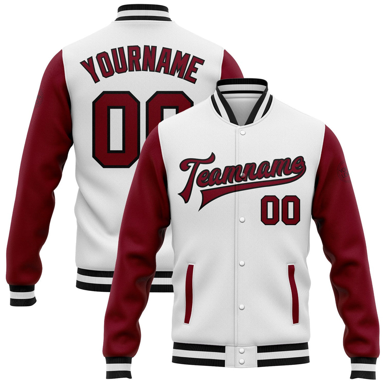 FUNSTUFFPRINT Custom White Crimson-Black Bomber Full-Snap Varsity Letterman Two Tone Jacket 3D Baseball Jacket