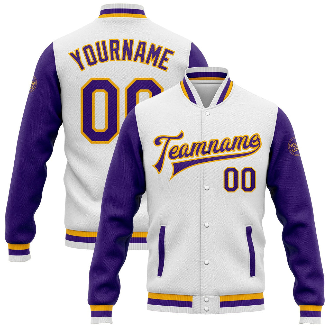 FUNSTUFFPRINT Custom White Purple-Gold Bomber Full-Snap Varsity Letterman Two Tone Jacket 3D Baseball Jacket