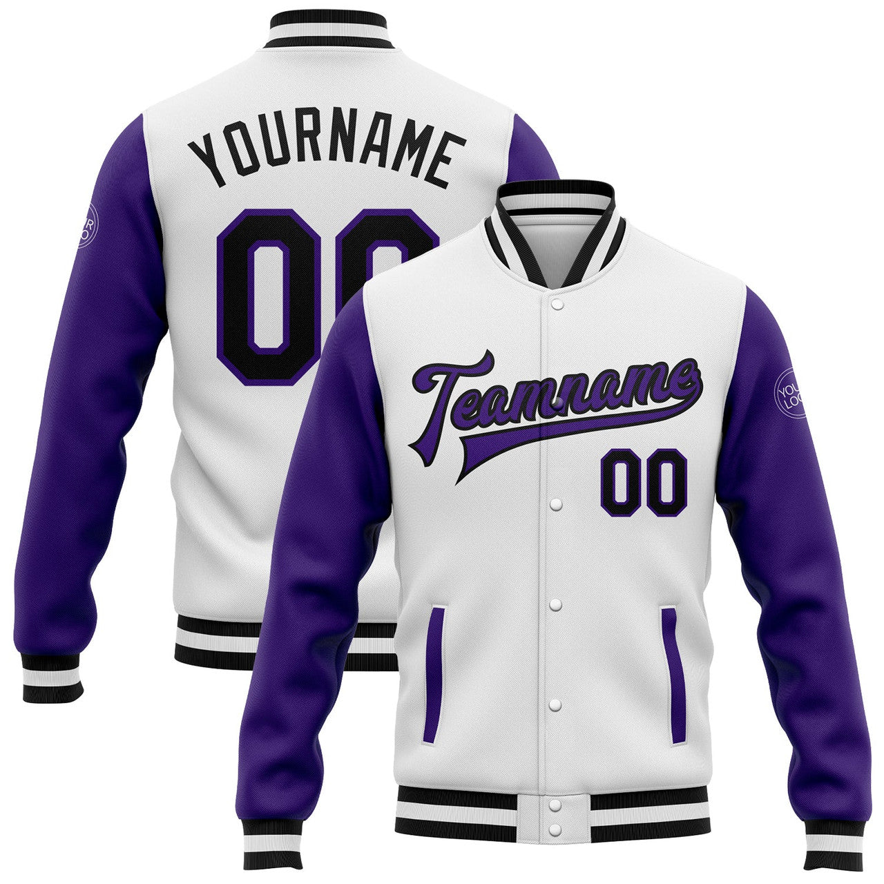 FUNSTUFFPRINT Custom White Black-Purple Bomber Full-Snap Varsity Letterman Two Tone Jacket 3D Baseball Jacket