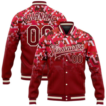 FUNSTUFFPRINT Custom Red Crimson-Cream 3D Pattern Design Bomber Full-Snap Varsity Letterman Jacket 3D Baseball Jacket