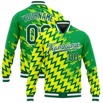 FUNSTUFFPRINT Custom Gold Kelly Green-White 3D Pattern Design Bomber Full-Snap Varsity Letterman Jacket 3D Baseball Jacket