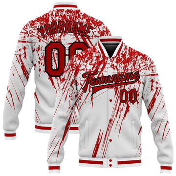 FUNSTUFFPRINT Custom White Red-Black 3D Pattern Design Bomber Full-Snap Varsity Letterman Jacket 3D Baseball Jacket