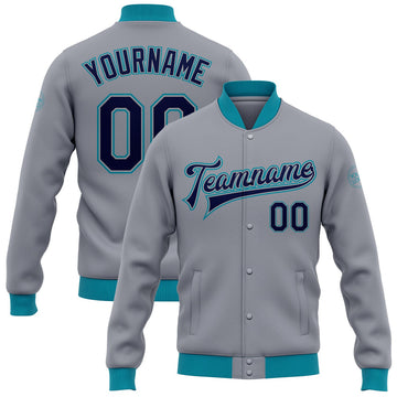 FUNSTUFFPRINT Custom Gray Navy-Teal Bomber Full-Snap Varsity Letterman Jacket 3D Baseball Jacket