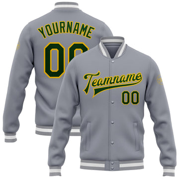 FUNSTUFFPRINT Custom Gray Green-Gold Bomber Full-Snap Varsity Letterman Jacket 3D Baseball Jacket
