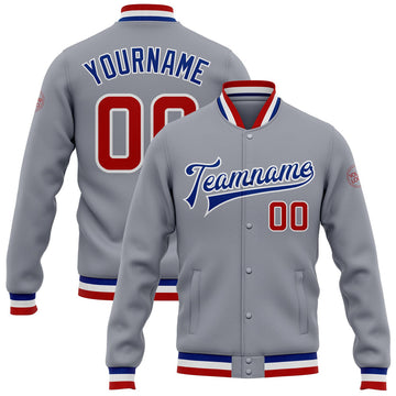 FUNSTUFFPRINT Custom Gray Red-Royal Bomber Full-Snap Varsity Letterman Jacket 3D Baseball Jacket