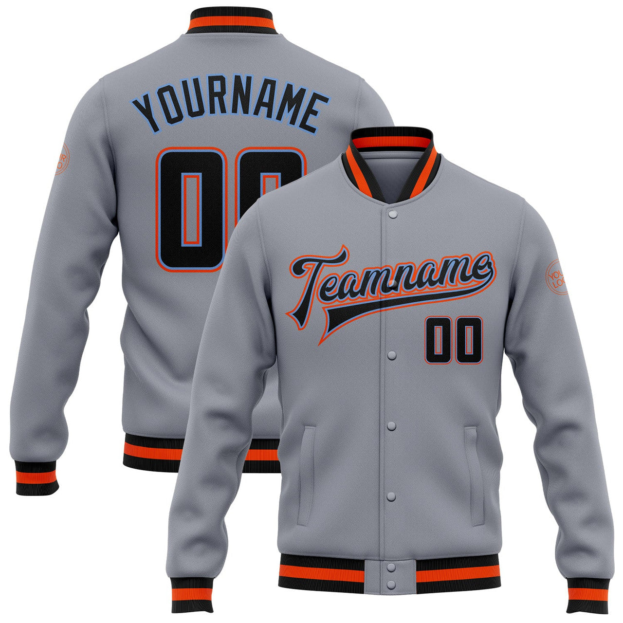 FUNSTUFFPRINT Custom Gray Black Powder Blue-Orange Bomber Full-Snap Varsity Letterman Jacket 3D Baseball Jacket