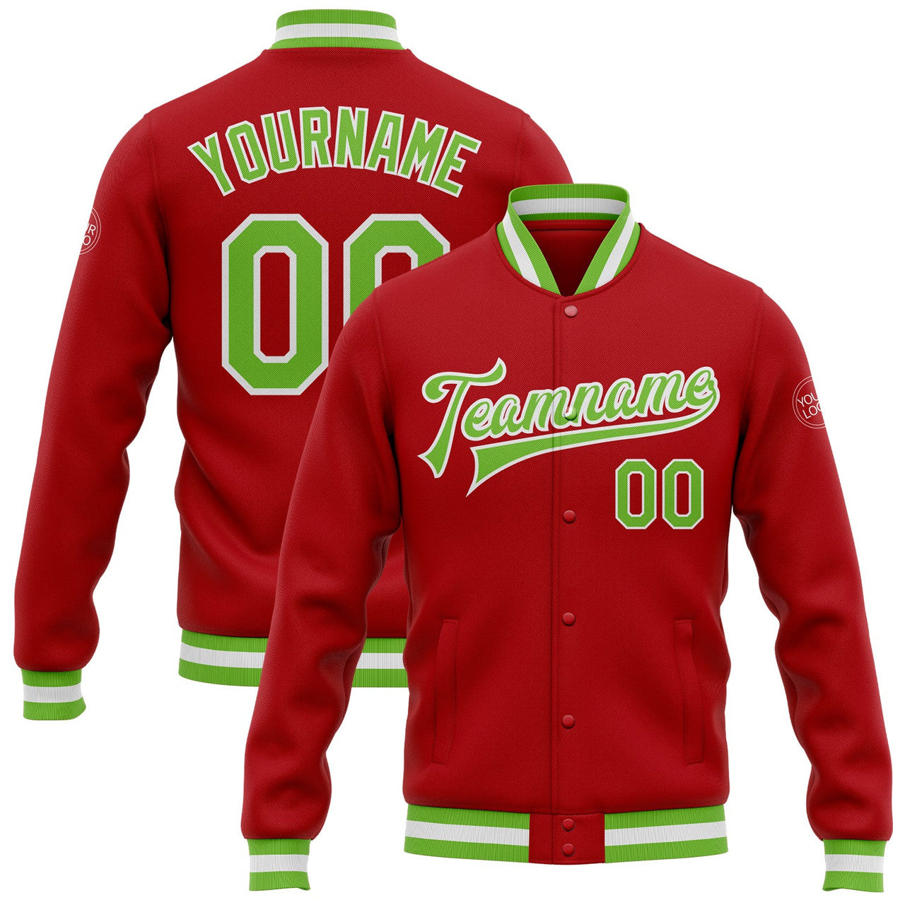 FUNSTUFFPRINT Custom Red Neon Green-White Bomber Full-Snap Varsity Letterman Jacket 3D Baseball Jacket