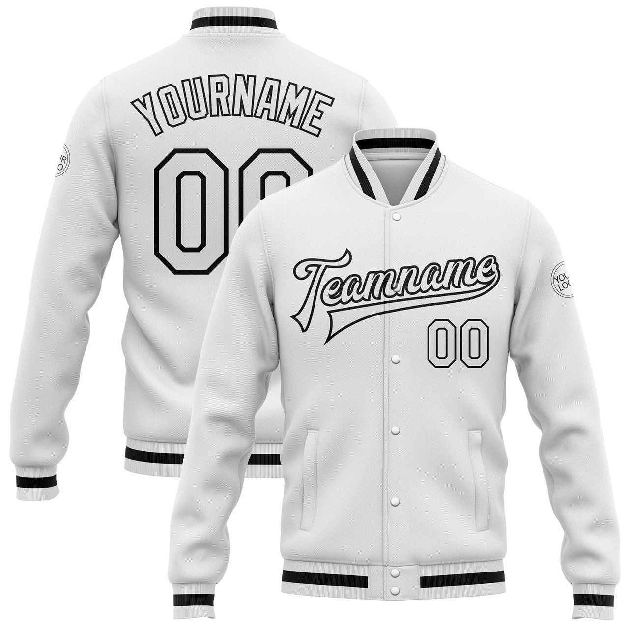 FUNSTUFFPRINT Custom White White-Black Bomber Full-Snap Varsity Letterman Jacket 3D Baseball Jacket
