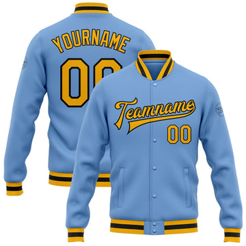 FUNSTUFFPRINT Custom Light Blue Gold-Black Bomber Full-Snap Varsity Letterman Jacket 3D Baseball Jacket