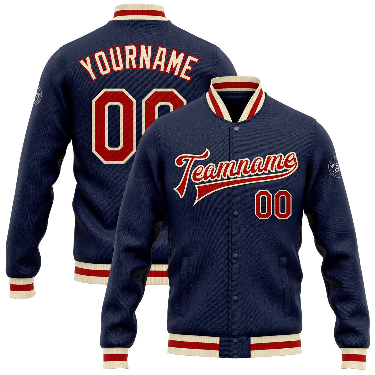 FUNSTUFFPRINT Custom Navy Red-Cream Bomber Full-Snap Varsity Letterman Jacket 3D Baseball Jacket