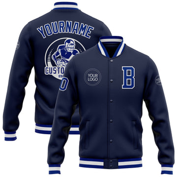 FUNSTUFFPRINT Custom Navy Royal-White Bomber Full-Snap Varsity Letterman Jacket 3D Baseball Jacket