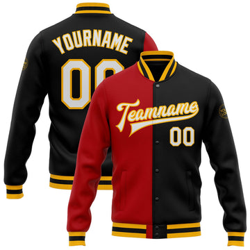 FUNSTUFFPRINT Custom Black White Red-Gold Bomber Full-Snap Varsity Letterman Split Fashion Jacket 3D Baseball Jacket