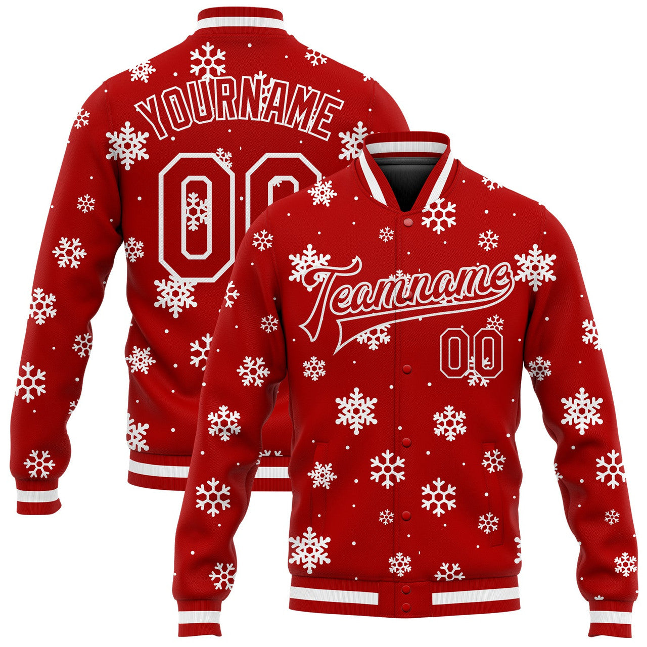 FUNSTUFFPRINT Custom Red White Christmas 3D Bomber Full-Snap Varsity Letterman Jacket 3D Baseball Jacket