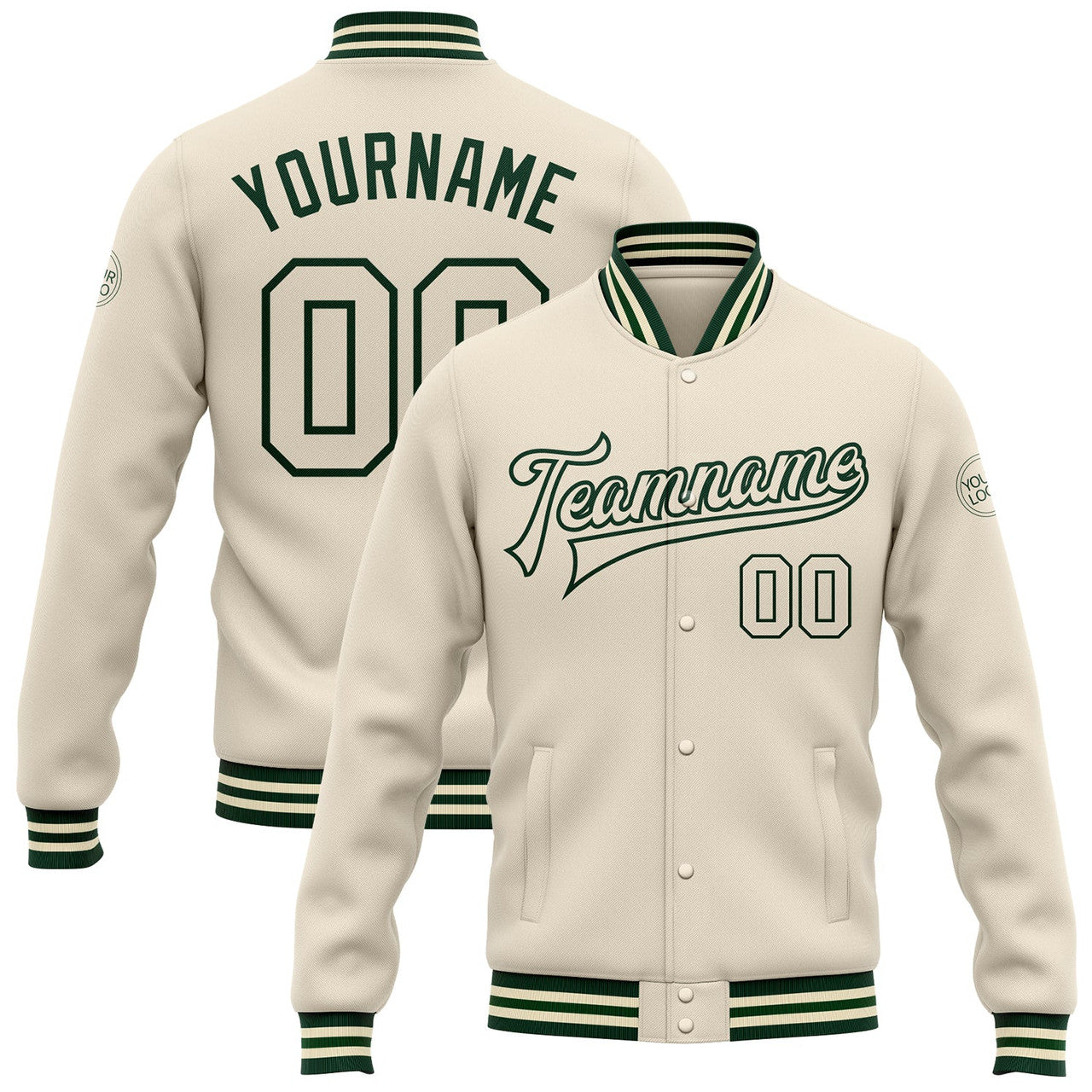 FUNSTUFFPRINT Custom Cream Cream-Green Bomber Full-Snap Varsity Letterman Jacket 3D Baseball Jacket