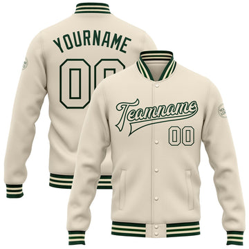 FUNSTUFFPRINT Custom Cream Cream-Green Bomber Full-Snap Varsity Letterman Jacket 3D Baseball Jacket
