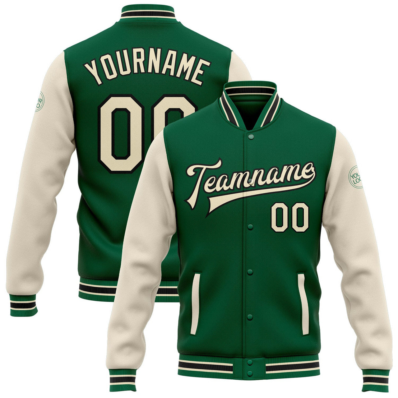 FUNSTUFFPRINT Custom Kelly Green Cream-Black Bomber Full-Snap Varsity Letterman Two Tone Jacket 3D Baseball Jacket