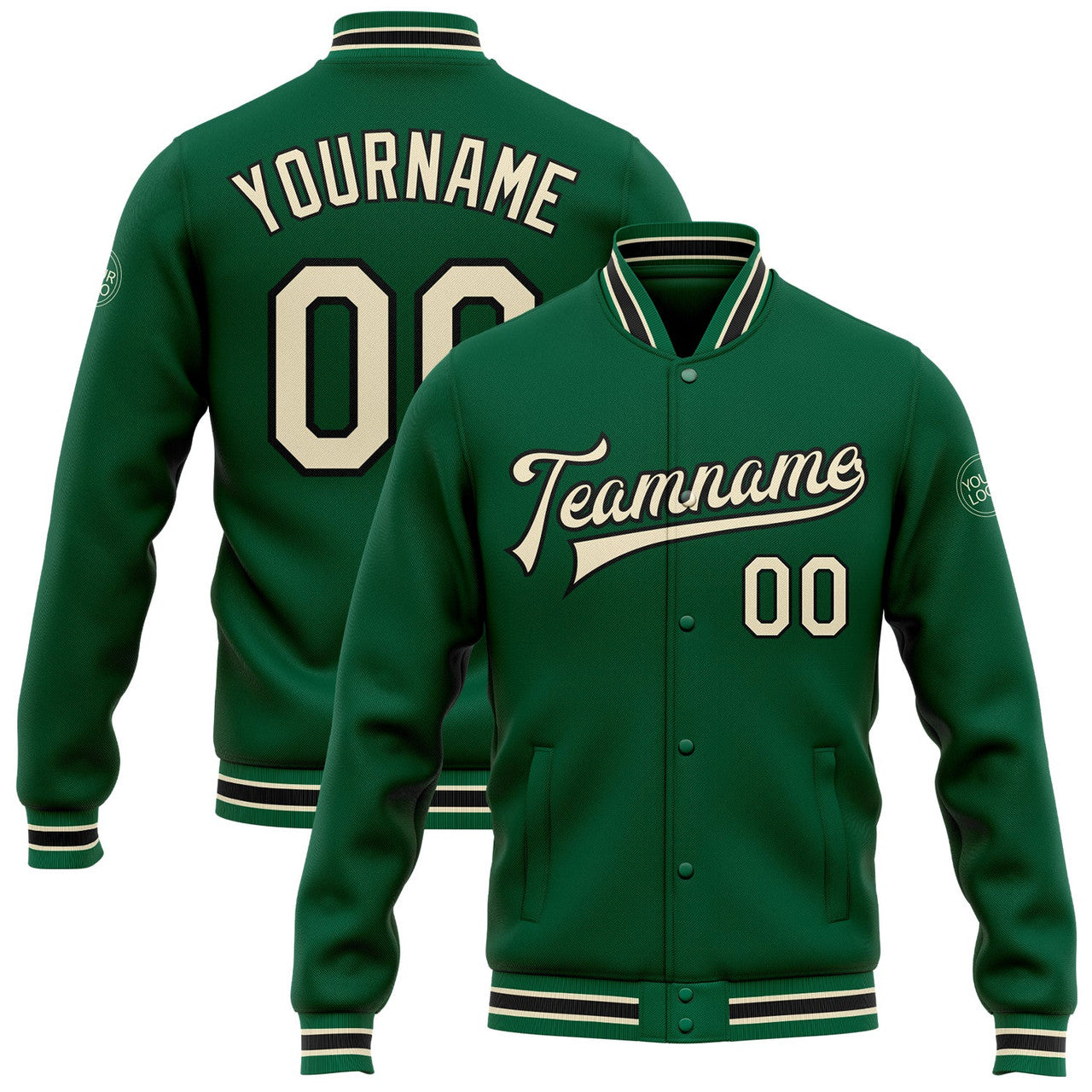 FUNSTUFFPRINT Custom Kelly Green Cream-Black Bomber Full-Snap Varsity Letterman Jacket 3D Baseball Jacket