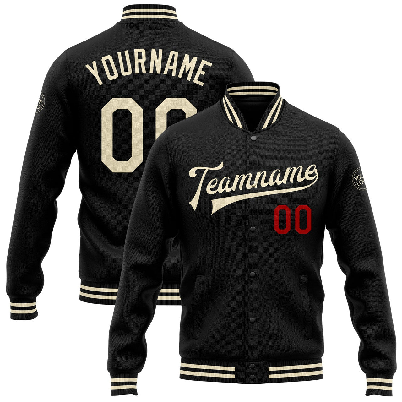 FUNSTUFFPRINT Custom Black Cream-Red Bomber Full-Snap Varsity Letterman Jacket 3D Baseball Jacket