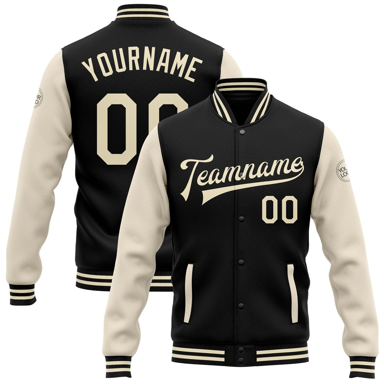 FUNSTUFFPRINT Custom Black Cream Bomber Full-Snap Varsity Letterman Two Tone Jacket 3D Baseball Jacket