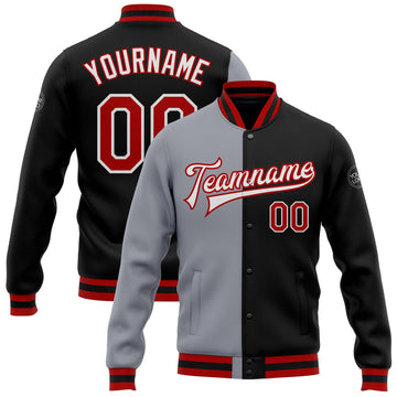 FUNSTUFFPRINT Custom Black Red-Gray Bomber Full-Snap Varsity Letterman Split Fashion Jacket 3D Baseball Jacket