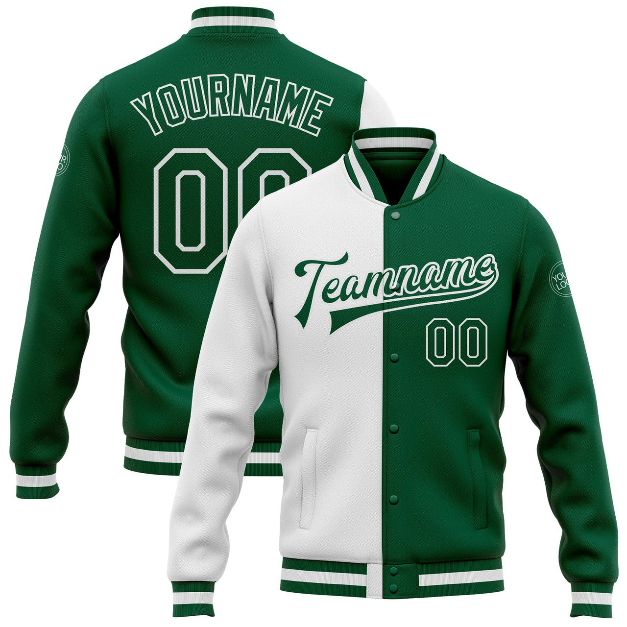 FUNSTUFFPRINT Custom White Kelly Green Bomber Full-Snap Varsity Letterman Split Fashion Jacket 3D Baseball Jacket