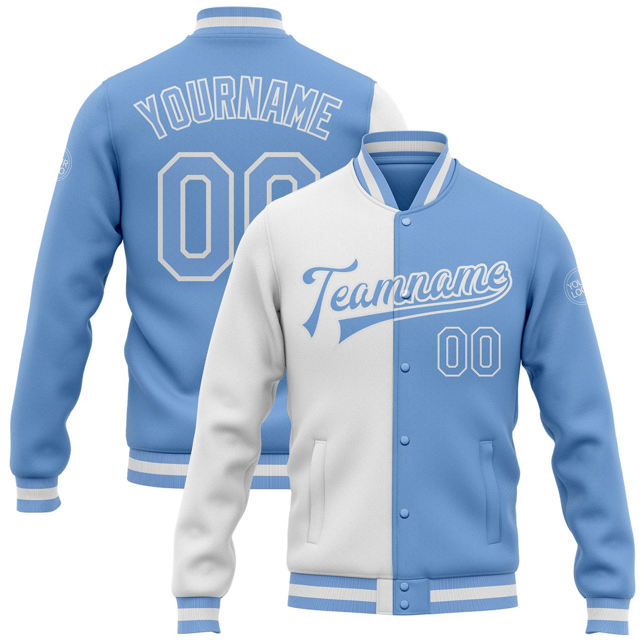 FUNSTUFFPRINT Custom White Light Blue Bomber Full-Snap Varsity Letterman Split Fashion Jacket 3D Baseball Jacket