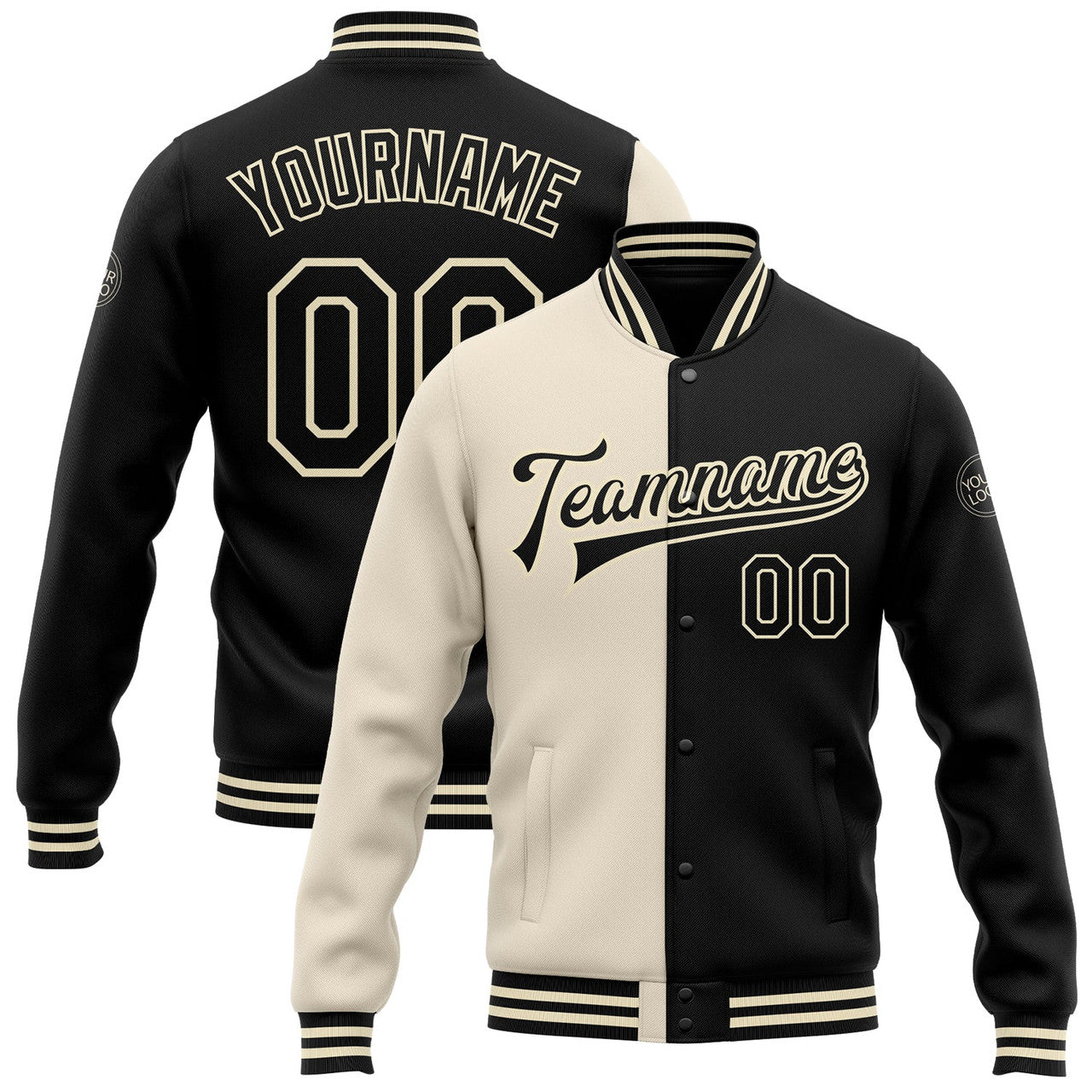 FUNSTUFFPRINT Custom Cream Black Bomber Full-Snap Varsity Letterman Split Fashion Jacket 3D Baseball Jacket