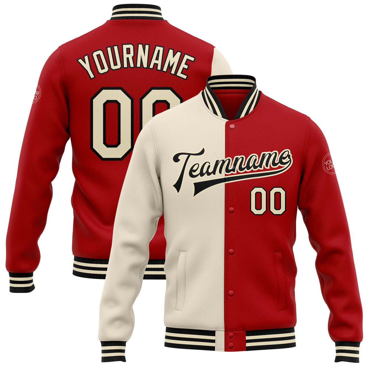 FUNSTUFFPRINT Custom Red Cream-Black Bomber Full-Snap Varsity Letterman Split Fashion Jacket 3D Baseball Jacket