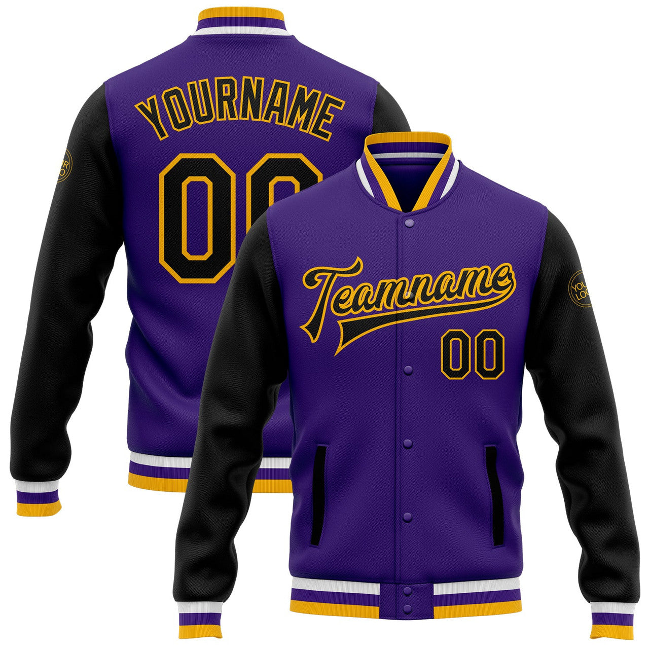 FUNSTUFFPRINT Custom Purple Black-Gold Bomber Full-Snap Varsity Letterman Two Tone Jacket 3D Baseball Jacket