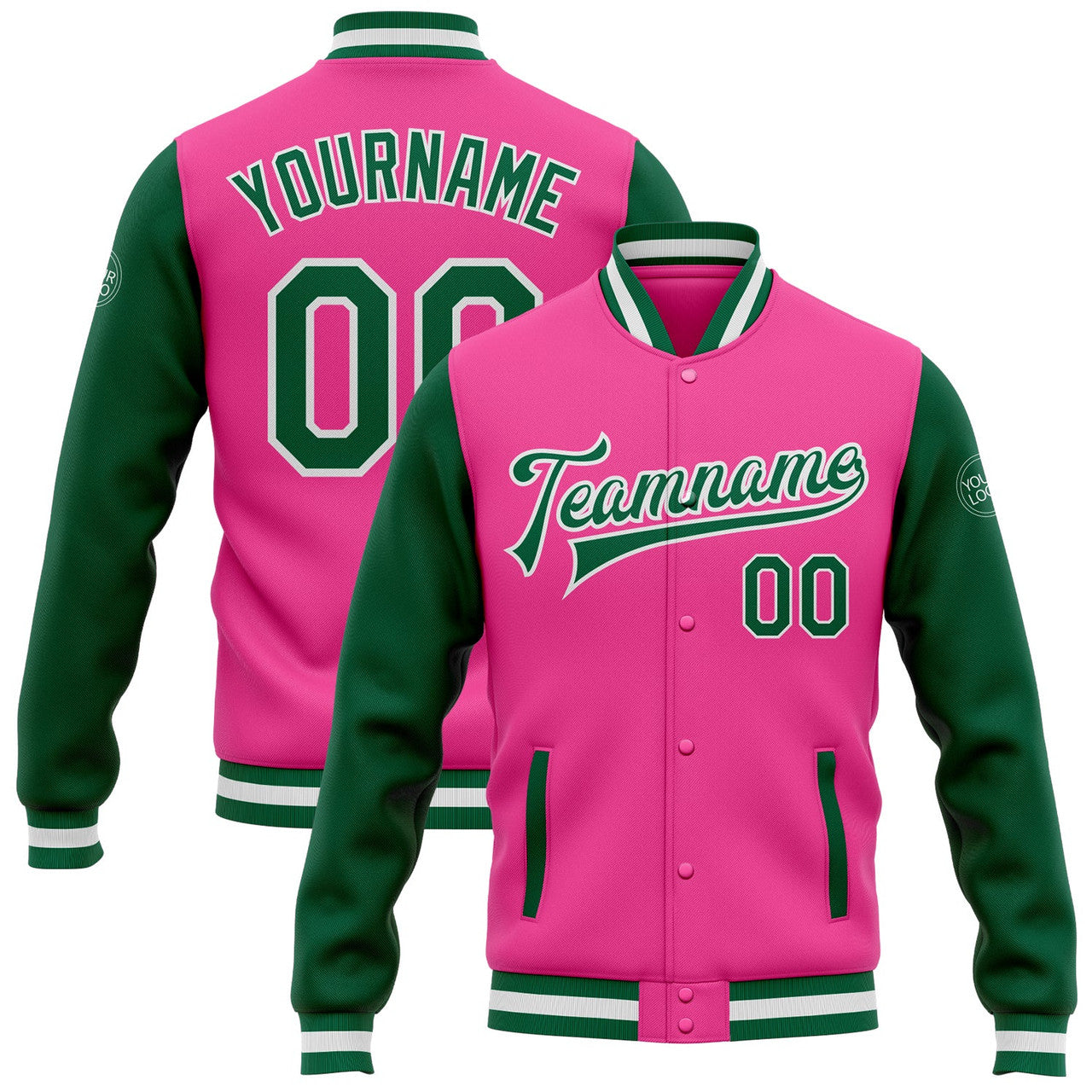 FUNSTUFFPRINT Custom Pink Kelly Green-White Bomber Full-Snap Varsity Letterman Two Tone Jacket 3D Baseball Jacket