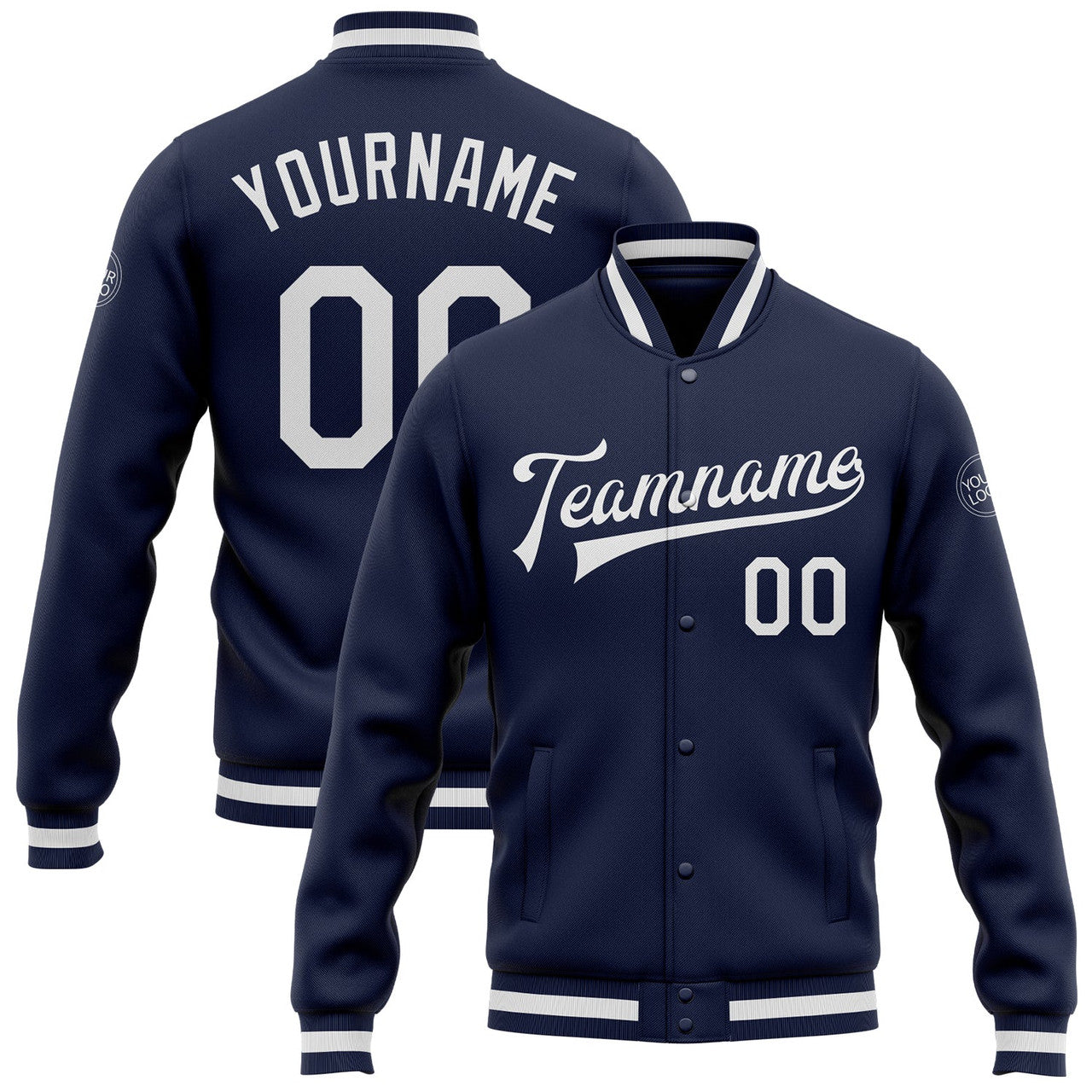 FUNSTUFFPRINT Custom Navy White Bomber Full-Snap Varsity Letterman Jacket 3D Baseball Jacket
