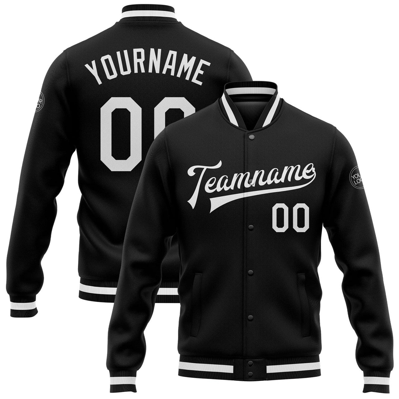 FUNSTUFFPRINT Custom Black White Bomber Full-Snap Varsity Letterman Jacket 3D Baseball Jacket