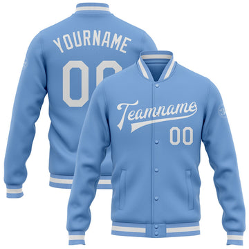 FUNSTUFFPRINT Custom Light Blue White Bomber Full-Snap Varsity Letterman Jacket 3D Baseball Jacket