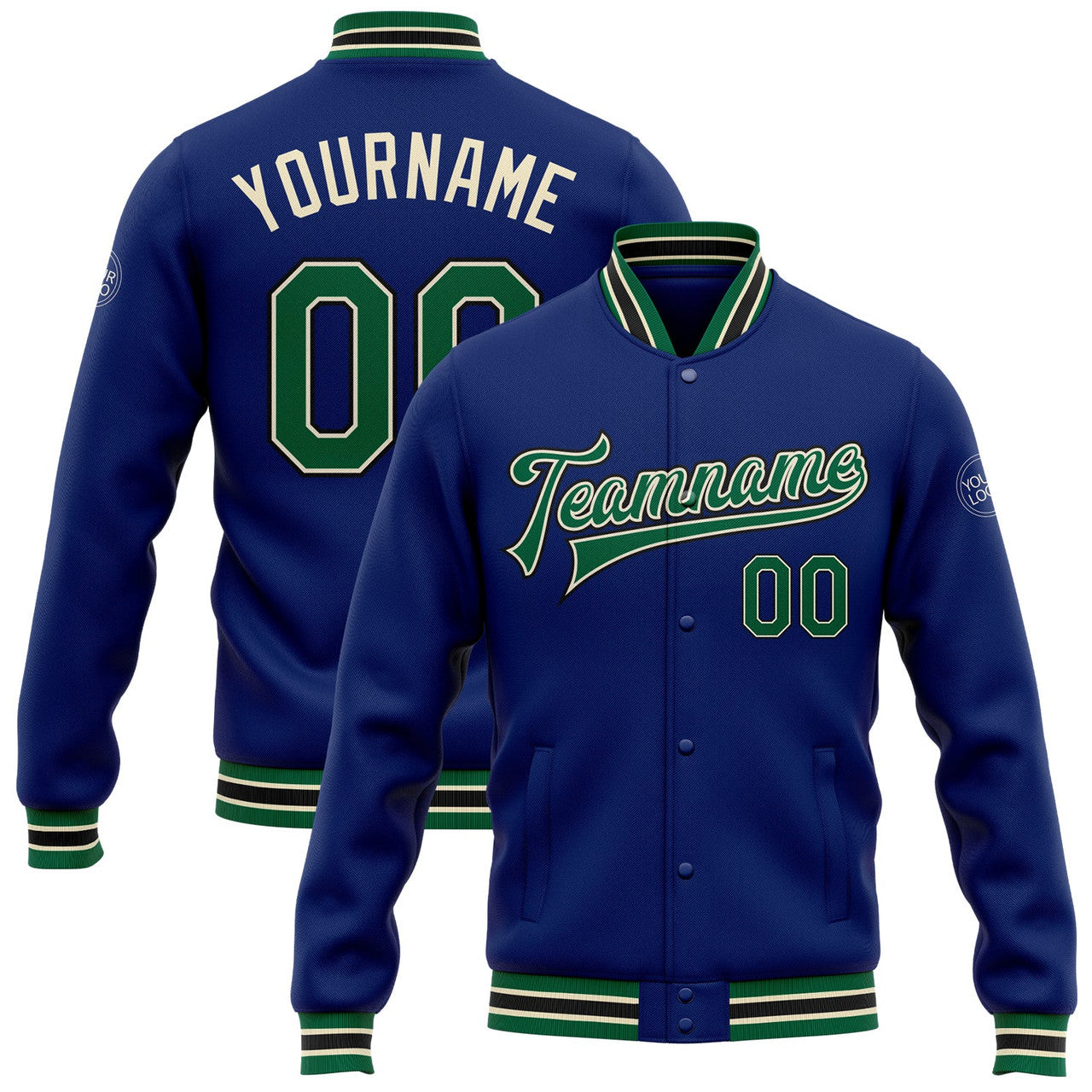 FUNSTUFFPRINT Custom Royal Kelly Green Cream-Black Bomber Full-Snap Varsity Letterman Jacket 3D Baseball Jacket