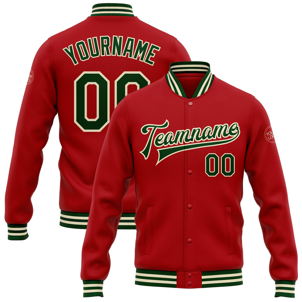 FUNSTUFFPRINT Custom Red Green-Cream Bomber Full-Snap Varsity Letterman Jacket 3D Baseball Jacket