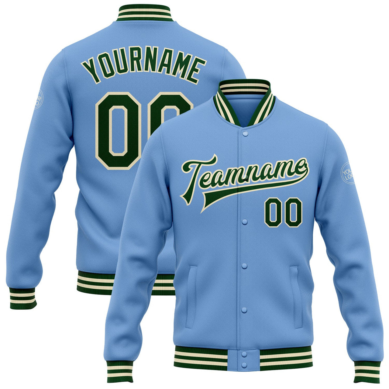 FUNSTUFFPRINT Custom Light Blue Green-Cream Bomber Full-Snap Varsity Letterman Jacket 3D Baseball Jacket