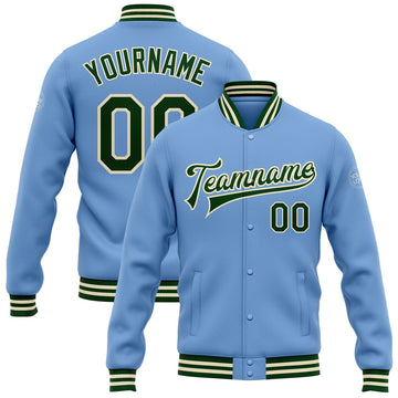 FUNSTUFFPRINT Custom Light Blue Green-Cream Bomber Full-Snap Varsity Letterman Jacket 3D Baseball Jacket