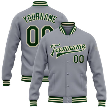 FUNSTUFFPRINT Custom Gray Green-Cream Bomber Full-Snap Varsity Letterman Jacket 3D Baseball Jacket
