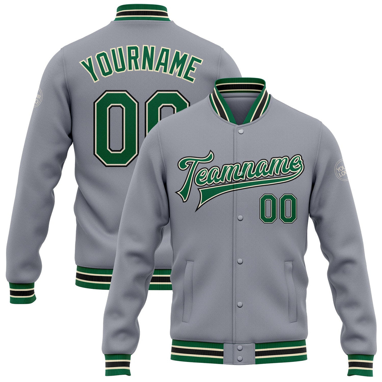 FUNSTUFFPRINT Custom Gray Kelly Green Cream-Black Bomber Full-Snap Varsity Letterman Jacket 3D Baseball Jacket