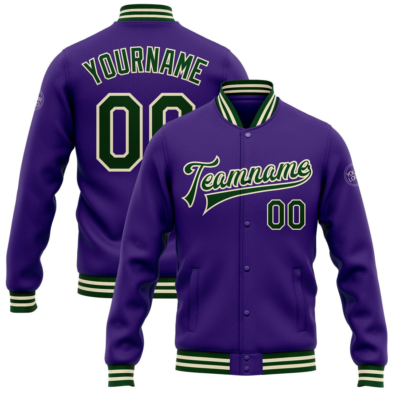 FUNSTUFFPRINT Custom Purple Green-Cream Bomber Full-Snap Varsity Letterman Jacket 3D Baseball Jacket