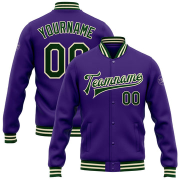 FUNSTUFFPRINT Custom Purple Green-Cream Bomber Full-Snap Varsity Letterman Jacket 3D Baseball Jacket