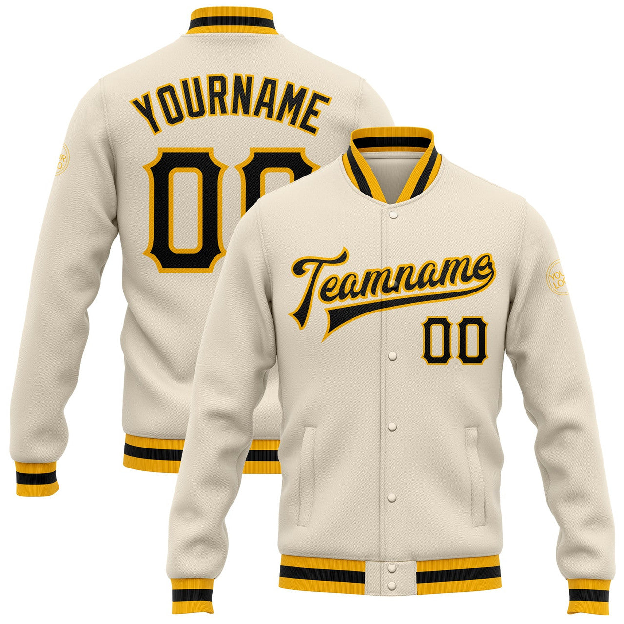 FUNSTUFFPRINT Custom Cream Black-Gold Bomber Full-Snap Varsity Letterman Jacket 3D Baseball Jacket
