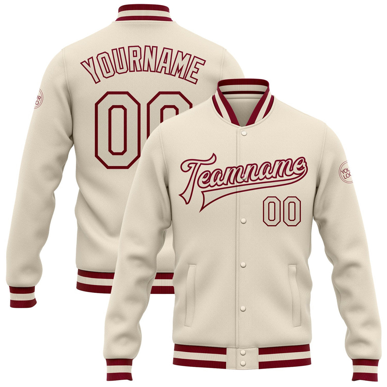 FUNSTUFFPRINT Custom Cream Cream-Maroon Bomber Full-Snap Varsity Letterman Jacket 3D Baseball Jacket