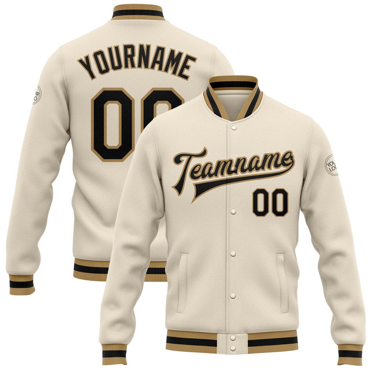 FUNSTUFFPRINT Custom Cream Black Old Gold Bomber Full-Snap Varsity Letterman Jacket 3D Baseball Jacket