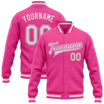 FUNSTUFFPRINT Custom Pink White Bomber Full-Snap Varsity Letterman Jacket 3D Baseball Jacket