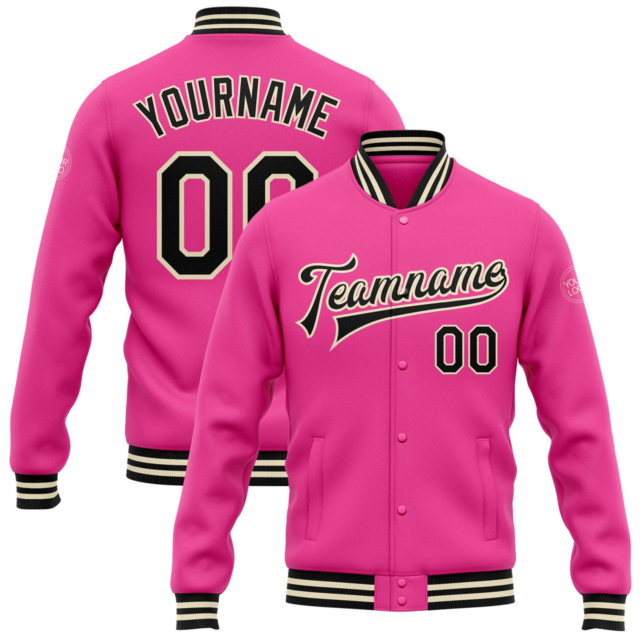 FUNSTUFFPRINT Custom Pink Black-Cream Bomber Full-Snap Varsity Letterman Jacket 3D Baseball Jacket